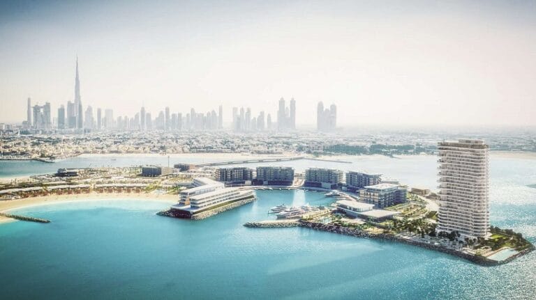 جزيرة جميرا باي في دبي مع تصميم مشروع برج بولغاري لايتهاوس