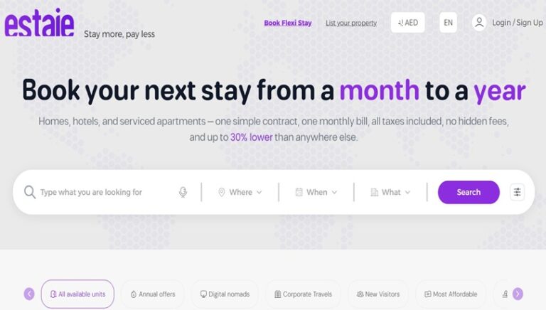 تضم منصة إستاي محفظة حصرية من الفنادق والشقق الفندقية ووحدات Airbnb